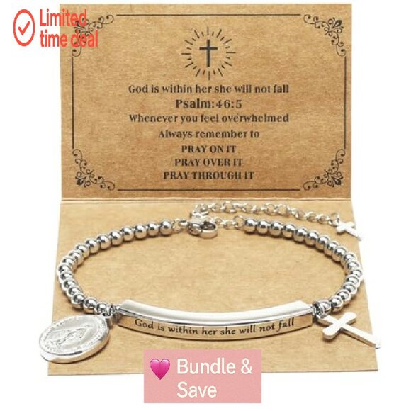 Stainless Steel Christian Charm Bracelet with Cross and Inspirational Verse - Picture 2 of 8